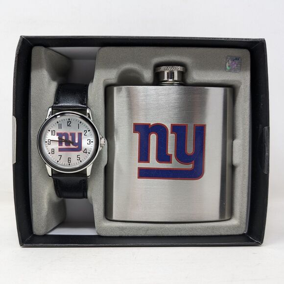New York Giants Stainless Steel Flask and Watch with Leather Strap Gift Set - Picture 2 of 5